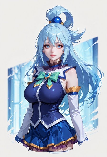 very detailed, flat color, no lineart, Vibrant Contrast, gradient colors, particle effect, (fine fabric emphasis:1.2), (((masterpiece, amazing quality, best quality, ultra-detailed, 8K, illustration, amazing quality, newest, absurdres, realistic))), highres, very aesthetic, absurd res, hi res, very awa, dynamic angle, refined, volumetric lighting, cinematic lighting, blurry background, close up vivid colors, ((source_realistic:1.6)), hyper detailed, (dynamic pose:1.4), depth of field, photorealistic colors,  

1girl, Aqua(/Konosuba)/,(ultra HD quality details), pale skin, blue eyes, blue hair, long hair, hair ornament, hair rings, single hair ring
blue footwear, blue thighhighs, boots, detached sleeves, thigh boots, thighhighs, white thighhighs, thighhighs, bare shoulders, blue skirt, blue shirt, green bow,
full body, perfect anatomy, perfect face, butt showing esthetically, abstract beauty, beautiful, centered, looking at the camera, approaching perfection, dynamic, moonlight, highly detailed, watercolor painting, artstation, concept art, smooth, sharp focus, illustration, 
(upper body:1.2), (close up:1.5), portrait, huge breasts, deep cleavage,