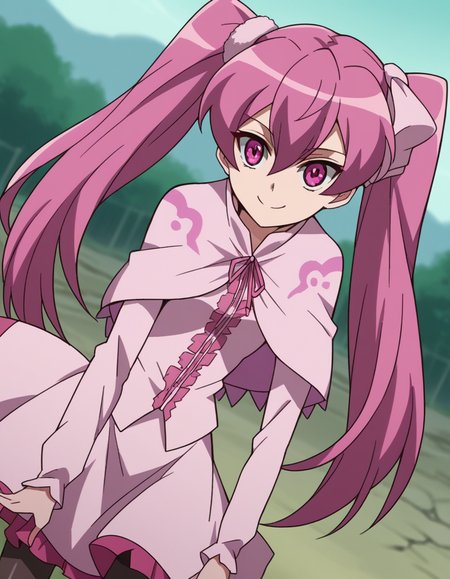 score_9, score_8_up, score_7_up, source_anime,
agkmine, <lora:agk-mine-s1-ponyxl-lora-nochekaiser:1>,
mine, long hair, twintails, pink hair, pink eyes,
dress, pantyhose, pink dress, capelet, pink capelet, pink skirt, skirt, long sleeves,
wasteland, bent over, smile,
cowboy shot, solo, dutch angle, looking at viewer,