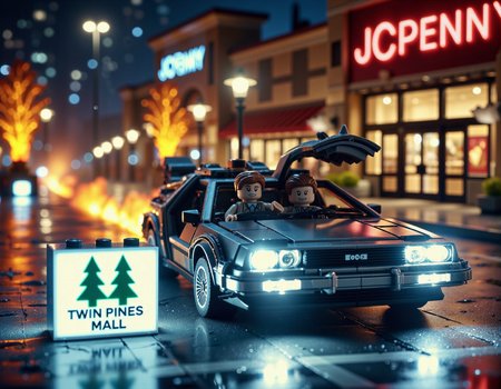 Front of Delorean Time Machine , Marty McFly and Doc Brown driving , made of Lego, the car is trailing glowing flames,  parking lot at night with a JCPenny department store in the background. In the foreground on the ground there's a white rectangular glowing sign with a logo made of  2 green evergreen tree emojis next to "TWIN PINES MALL", shot from above  <lora:glowing_flux:0.6> glowing, made of light, outstanding composition, cinematic  <lora:Dever_Flux_Enhancer:0.5>  <lora:Cinematic_Lego:0.6>