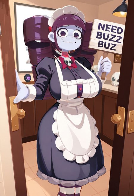 Dutch angle, 1girl, Lillith \(wheatly101)\, tall girl, fit, large cylindrical twin-drill pigtails shaped like barrels, straight-cut blunt bangs, dark brown hair, purple hair bowtie behind head, pale purple-gray skin, colored skin, long hair, wavy mouth, (((holding sign, "NEED BUZZ")))
striped stockings, skull brooch, red bowtie, maid outfit, victorian dress, white apron, frilled skirt, dark purple dressstriped stockings, skull brooch, red neck bowtie, purple hair bowtie, maid outfit, victorian dress, white apron, frilled skirt, dark purple dress
No lineart, no_outlines,
mature woman, mature girl, tall girl, 
((8k, Ultra HD)), (foreshortening:2), depth of field, ((Detailed background :1.5)), ((Masterpiece)), ((Best quality)), ((Detailed)), amazing quality, very awa, highres, absurdres, contrapposto