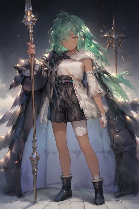 score_9, score_8_up, score_7_up, score_6_up, score_5_up, source anime, flat chest, looking at viewer,  solo, <lora:Kolulu_Granblue_Fantasy:0.8> , kolulu \(granblue_fantasy\), koluludef, (dark skin), green hair, green eyes, long hair, bandages, hair over one eye, living room, smile, <lora:hand 4:0.65> , Hand, hands, perfect hands, full body, (holding spear), spear, weapon, <lora:s0mXLP:0.8> , s0m,