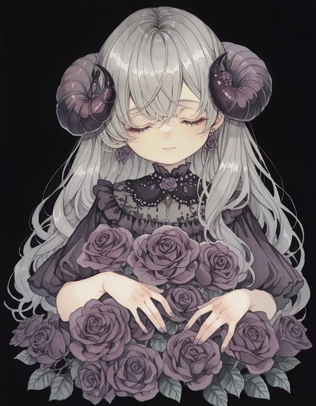 masterpiece,  best quality, newest, highres, absurdres,   <lora:rusetsuksr_style:1>,rusetsuksr_illu, 1girl, flower, solo, closed eyes, purple flower, black background, rose, horns, long hair, purple rose, traditional media, upper body, purple nails, painting (medium), grey hair, jewelry, bangs, simple background, hair ornament, closed mouth