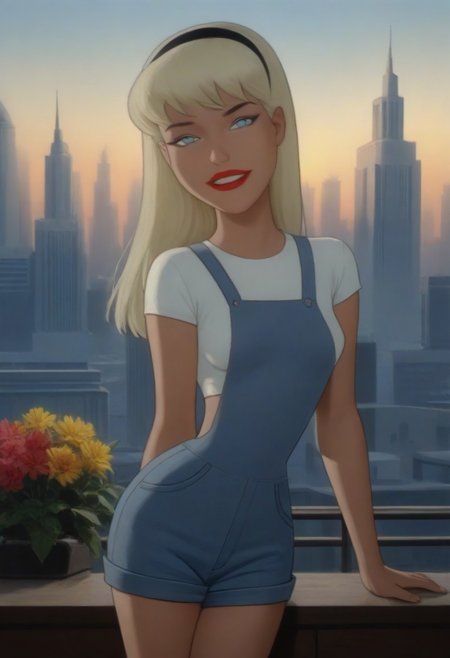 score_10, score_9, upper body, facing viewer, 
(photo of sprgrl), (young:1.5) 1girl, blonde hair, long hair, blue eyes, red lips, hairband, denim overalls, white midriff, 
 (embarrassed look), spread legs, pinup pose, innocent face, parted lips, looking at viewer, worried look,
masterpiece, skyline, cityscape, flowers, shadowed lighting, cinematic lighting, volumetric lighting