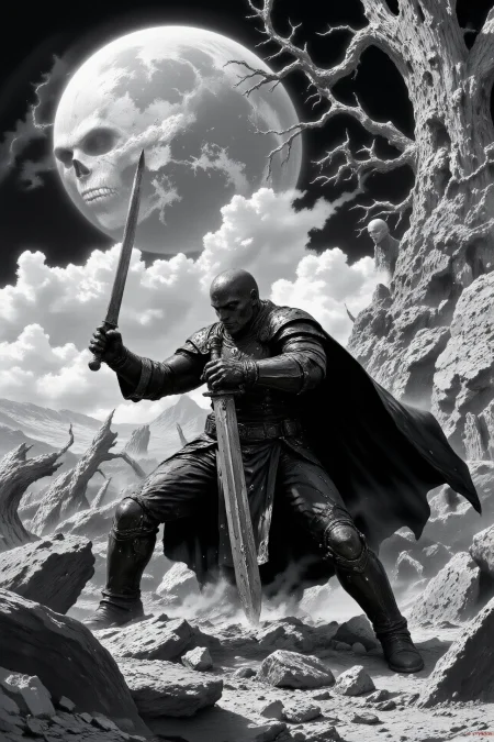 terror horror fantasy landscape, graveyard, comics, very detailed medieval warrior  holding a sword fighting against a group of esquletons, vampires and monsters, (multilayer paint splash style),  <lora:Hand v2:1> <lora:Anti-Blur:1> <lora:Insane Detail Slider:0.5>   <lora:Flux.1_Turbo_Detailer:0.6>   <lora:flux-photo-transparent_Alpha_1.0:0.8> <lora:flux.1_lora_flyway_Epic-detail_v2:1>   <lora:FluxMythP0rtr4itStyle:0.8> mythp0rt <lora:zy_Dark_Fantasy_Flux:0.5> <lora:Wraith_BW_Flux:0.2> B&W