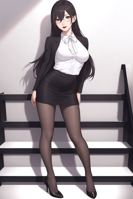 score_9, score_8_up, score_7_up, BREAK source_anime, <lora:Mayuri Hanyuu-PonyXL-lora-Faxtron:0.8> mayuri hanyuu, brown eyes, black hair, long hair, medium breasts, red lips, glasses, white shirt, white neck ribbon, pencil skirt, black pantyhose, high heels, standing,