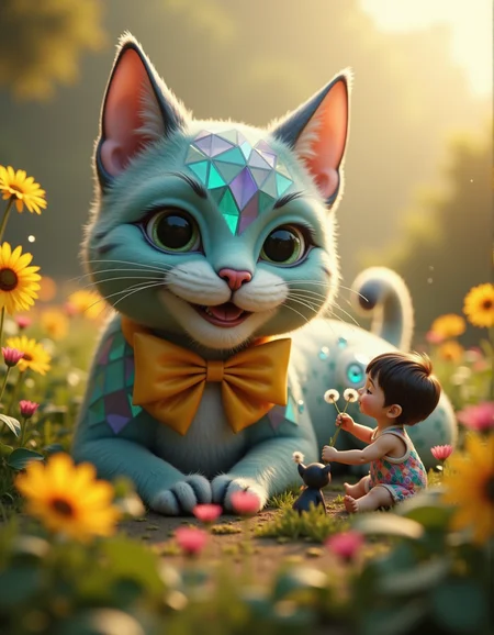 Ultra-stylized 3D cartoon render: A colossal, grinning feline with a geometric diamond-patterned coat (shimmering teal and lavender facets) and a oversized sunflower-yellow bow, lounging in a hyper-detailed garden where flowers bloom in Fibonacci spirals. A miniature child in a patchwork romper sits cross-legged, offering a dandelion puff to a tiny obsidian kitten. Golden-hour light filters through translucent petals, casting prismatic refractions on the catâs crystalline whiskers. Stylized as a hybrid of Studio Ghibli warmth and Art Nouveau curves, with subtle glow effects on dewdrops and floating pollen motes.
_________
dramatic beauty, otherworldly quality, soft lighting, shallow depth of field, high detail, dynamic composition, cinematic shot, film grain, balanced shadows, harmonic colors, emotional depth, symbolic meaning, innovative props/costumes, timeless elegance, modern themes, iconic imagery, unforgettable moment, captivating beauty, stunning impact, thought-provoking, artistic vision, masterful execution.
<lora:cinematic film IMAX70mm Filmstrip style v1:0.3> <lora:cheats:0.4> <lora:NOOB_vp1_detailer_by_volnovik_v1:0.5>