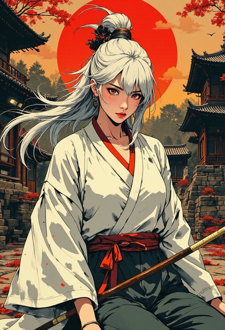(Ink Style, A stunning  illustration in high-quality anime style, stunningly beautiful and cool female samurai, wearing white kimono, her silky-like silver hair flowing the wind, crimson red eyes burn deeply, her gaze piercing like an arrow. sitting with confidently and cool expression, antique japanese temple on her background, extemely detailed, masterpiece, hig quality ), <lora:CPA:0.6>,  <lora:Luminous_Shadowscape:0.8>,  <lora:9mix:0.6>,  <lora:RetroAnimeFluxV1:0.6>