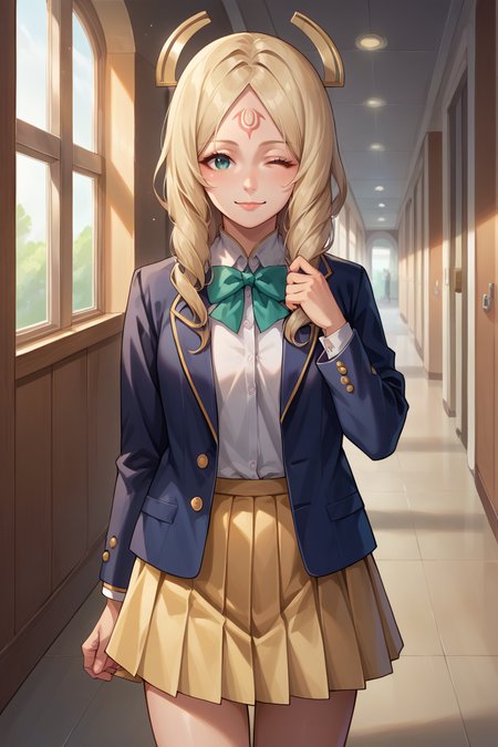 score_9, score_8_up, score_7_up, score_6_up, source_anime BREAK 1girl, solo,  <lora:feemmeryn-pdxl-nvwls-v1-000006:1> emmeryn, blonde hair, forehead mark, hair ornament, white t-shirt, pleated skirt, blue blazer, bowtie,  looking at you, wink, hallway