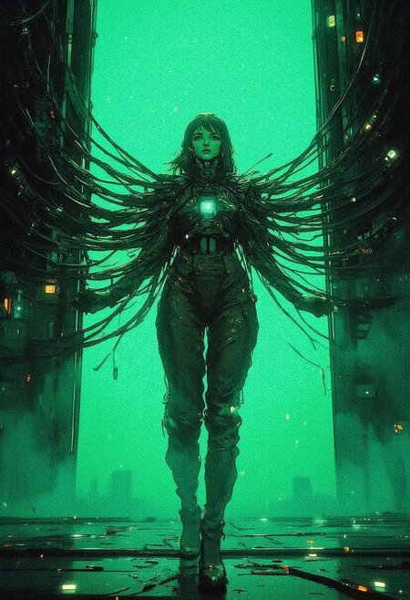 In the center of the image is a human figure surrounded by many dark wires that stretch in all directions and connect him to the surface. The stage is lit up in bright green-blue hues, creating a sci-fi atmosphere of technological symbiosis. The figure looks mysterious, as if immersed in some kind of energy network or is under the control of these cables. Around her is a foggy, dark environment, mystery
