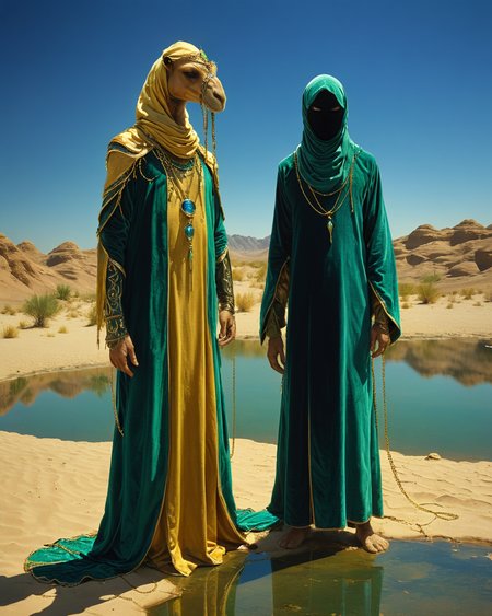 hooded human sorcerer standing at a desert oasis, green velvet, golden chains, water, reflections, blue hour, intense colors, high contrast,
facing camera, camel, warriors, (intense colors:1.7), <lora:add-detail-xl:1.0>,  <lora:xl_more_art-full_v1:0.4>,  <lora:XSfenlie:1> fenliexl, <lora:lora:1>, realistic photo