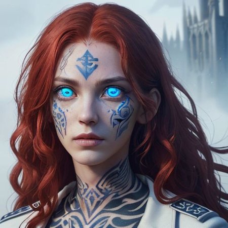 bright red hair, human female, (feminine:1.7), (beautiful face, detailed face:1.6), (beautiful eyes, detailed eyes:1.7), (looking at viewer, eye contact, intense:1.6), (long hair, red hair, curly hair:1.3), , ((masterpiece, best quality, high resolution, realistic, best quality,)), photo realistic, Perfect Face, (detailed face). <lora:GoodHands-vanilla:0.6> <lora:add-detail-xl:0.8>, mage, (Dress White military uniform coat), dagger, rune dagger, glowing runes, , (((glowing magic symbols tattoos, religious tattoos))), ((face tattoos)), glowing tattoos, stone tower in the background