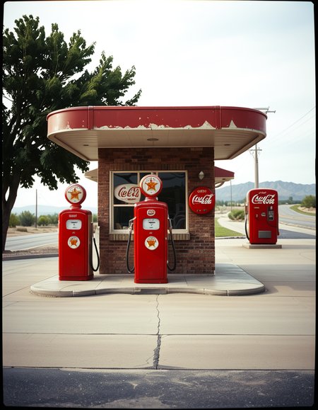 A realistic vintage photograph of a 1950s American gas station with no people present. The small brick building has a flat roof with a wide canopy extending over two classic red gas pumps from the 1950s, featuring chrome details, round meters, spiral hoses, and retro branding like "Texaco" or "Shell".The ground is old concrete with cracks and oil stains. Beside the station, there's a vintage Coca-Cola vending machine and a hand-painted wall sign that reads âDrive Safely!â. The sky is lightly overcast, casting soft shadows and a nostalgic mood. In the background, leafy trees, distant low hills, and an empty country road stretch into the distance. The photo has a slightly faded, desaturated color palette with warm vintage tones and a subtle grain, mimicking the look of 1950s Kodak film photography. The overall atmosphere is calm, quiet, and deeply nostalgic.
<lora:SDXLFaeTastic2400:0.4> <lora:extremely_detailed:0.4> extremely detailed, <lora:1950s_American_gas_st4t10n:1>,1950s American gas st4t10n, Masterpiece,best quality,hi res,8k,hi res,8k,award winning,(sharp focus, intricate, highly detailed),