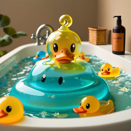 {1duck, 1 bath duck made out of slime, (slime duck:1.5), (yellow slime body:2), (orange slime beak:2), (glossy black eyes:1.5), translucent slime duck, transparent slime duck}
hud_sp_bth, flower, petals, water, bath, in an elegant bath tub, bubbles made out of slime, slimes hiding in the bath bubbles, bubble bath, perspective from inside tub, prespective from inside bath, lots of frothy bubbles, 
everything made of slime, No simple background,
((translucent slime)), ((transparent slime)), (bioluminescent slime), sl1m3d, slime, slime-morph, saturated colors, no humans, no people, no man, no woman,
