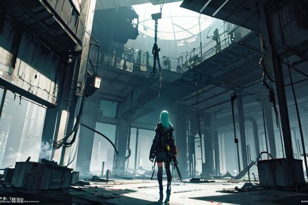 highly insanely detailed, masterpiece, top quality, best quality, highres, 4k, 8k, RAW photo, (very aesthetic, beautiful and aesthetic),  
tsutomu nihei,nihei_tsutomu,blame!,blame gakuen!,abara,TNstyle,sidonia_no_kishi,wire,drainpipe,dome,machinery,ventilation fan,ventilation shaft,cables,tubes,industrial pipes,air conditioner,walkway,light particles,concrete walls,metal walls,lantern,tentacles,toha heavy industries,bones,smoke,steam,gauna,gauna mech,fence,clouds,dark sky,black sky,letterboxed,star \(sky\),starry sky,buildings,blm,decrepit,flock,dystopia,destroyed,no human,empty,dark background,science fiction,vast scenery,perspective,futuristic,open space, 
<lora:blameLora_v10:0.3>, 
(1girl:1.3), 
solo focus, 
seafoam green background,âââ