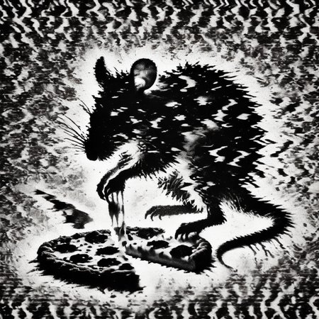 interferenze rat eating pizza, black and white<lora:interferenze :1>