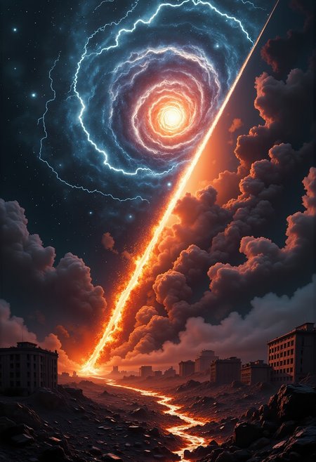 neurochaos. Diagonal Split: Sky Rising, Earth Falling
A diagonal slash cuts across the image, with the top right consumed by cosmic chaos and the bottom left collapsing into shadow. In the upper right, glowing nebulae and spiraling galaxies drift across the void, illuminated by streaks of radiant lightning. Stars explode in the distance, sending shockwaves that distort space itself.
In the lower left, the earth crumbles, buildings swallowed by massive fissures that spew molten fire. Pools of lava flood the land, while heavy black clouds descend, blotting out the last vestiges of light. The contrast between ascension and decay is stark, as if the heavens rise while the earth falls apart.