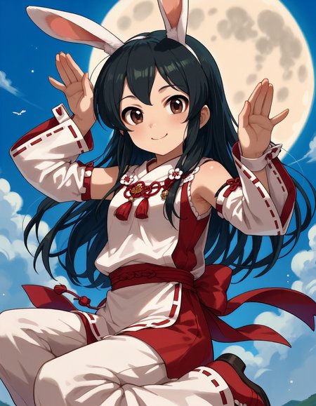 score_9,score_8_up,score_7_up,1girl,solo,looking at viewer,smile,closed mouth,rabbit pose,full moon,jumping,
<lora:ooishiizumi_ponyXLV6:0.8>,cgoi,
black hair,long hair,brown eyes,
rabbit ears,miko,detached sleeves