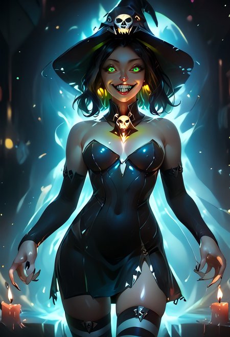 score_9, score_8_up, score_7_up,realistic,realistic style photo,cinematic light, film still,<lora:JuggerCineXL2:1.0>
rostran style, glowing, radiance, light art,horror (theme), eldritch abomination,
1girl, necromancer, solo,thin arms, narrow shoulders, petite, Black hair,wavy hair,glowing green eyes, cute, Kawaii,slim girl, Short,
 sharp teeth, evil grin, green sclera, glowing eyes,
Jed-Wtchc, witch outfit,  Pointed hat, black dress,  striped stockings, Side slit on the dress,
in a dungeon, stand on a giant werewolf skull, the skull is in the middle of a pentagram, candles, candle lights, green candle lights,