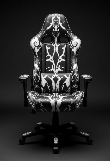 A gaming chair inspired by the Rorschach inkblot test, positioned at a slight angle to showcase its intricate design. The chair has a sleek, modern shape, predominantly black, with striking white inkblot patterns flowing across its surface. These symmetrical patterns resemble abstract faces, creatures, or hidden symbols, shifting in meaning depending on the viewer’s perception. The high backrest and headrest seamlessly blend into the surreal aesthetic, with fluid white shapes appearing as if they are naturally spreading across the upholstery. The armrests and five-sectioned base mimic the organic flow of ink, enhancing the hypnotic and psychological feel. The chair is turned slightly to the side, allowing a better view of its contours, emphasizing the elegant curves and artistic details. Set against a dark background, the contrast between deep black and stark white adds to the dramatic and mysterious atmosphere, making it a statement piece for both gaming and artistic appreciation.