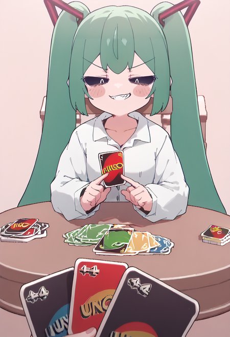 (score_9, score_8_up, score_7_up) BREAK source_anime, absurdres
1girl, twintails, green hair
sleeves past wrists, white shirt, collared shirt
shiny skin
smug, looking at viewer, holding card, pov, playing card, table, smirk, clenched teeth
<lora:Smooth Anime Style LoRA XL:0.32> , <lora:Expressive_H:0.3> , <lora:princess_xl_v2:0.35>,  <lora:nunumiku.pony:1> nunumiku, aaa
<lora:ImminentUnoLossMeme_pdxl_Incrs_v1:0.55>,  <lora:D1zzysp3llsXLP:1>  d1zzysp3lls