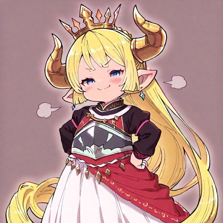 1girl, solo, best quality, masterpiece, lalafell, pointy ears, flat chest, shortstack. granblue fantasy, charlotta, harvin, blonde, long hair, blue eyes, long dress, tall crown, mesugaki, blush, smug, <lora:NTR_MIX_4.0_LORA:0.5>