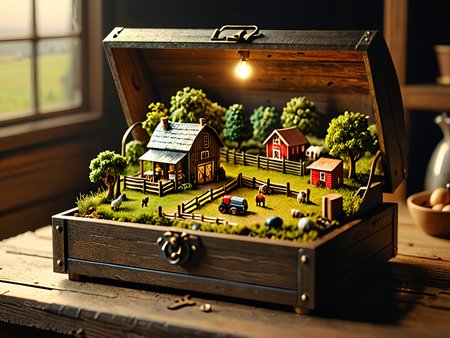 an open music box with a small farm inside, masterpiece, 8k, high detail, dramatic lighting