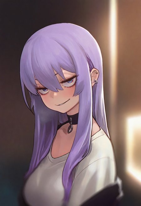 COOLSY_ST, sketch, masterpiece, best quality, very aesthetic, high resolution, ultra-detailed, absurdres, newest, extremely detailed eyes, beautiful, perfect lighting, hi res, amazing quality, very awa, Brightly Lit, Highly Visible, 8k, sharp focus, beautiful, perfect lighting, volumetric lighting, scenery, painting_(artwork),  1girl, female, solo, upper body, looking at viewer, smug, smirk, smile, long hair, purple hair, goth, choker, blurred background
