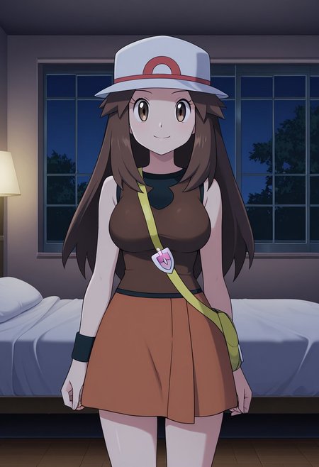 masterpiece, quality,worst, anime screencap,8k,4K, leaf (pokemon),1girl,solo,brown eyes, brown hair, long hair, long hair, hat, brown shirt, sleeveless, wristband, brown skirt, brown socks, brown footwear,large breasts,smile, closed mouth,Interior, room, bed,  dark room, window, night light,cowboy shot,lower body,