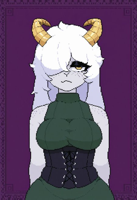 pixel_art, vunnbunn, 1girl, solo, gold twisted ram's horns, freckles, white hair, long bangs, golden eyes, pale skin, green dress, black underbust corset, medium shot, portrait,