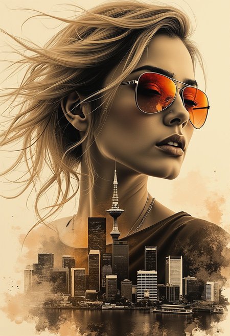 Inkplash art on rice paper, sepia, henna , Silhouette Art, magnificent, inksplash double exposure, crisp lines, Osaka cityscape below and to side of closeup portrait of stunning japanese woman, blonde loose hair, mirrorred aviator sunglasses