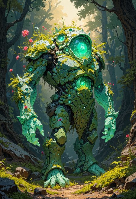 masterpiece, high-quality, hyperdetailed, refined details, best quality, high resolution, A gemstone golem slowly blooming into life, moss and flowers sprouting from cracks in its crystalline body as it awakens, its eyes, initially dull stones, begin to glow with an inner emerald light, dawn light filters through a forest, illuminating the golems nascent awakening, wide shot capturing the golems full form and the blooming flora, Style is  Biomorphic Gemstone Animation, focus on contrasting textures of crystal and organic, gentle and wondrous, sense of slow awakening and natural magic, <lora:FLUX\Anime v1.3:0.5> <lora:FLUX\FLUX-daubrez-DB4RZ:0.3> <lora:FLUX\VividlySurrealOrigin:0.6>