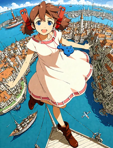 masterpiece,best quality,good quality,<lora:illustrious_XL_josette:0.9>, josette,1girl,solo,dress,necklace,boots,day,city,ocean,water,aircraft,watercraft,ship,:d, ( perspective:1.3), standing on one leg, ,  high up, from point of view,(on high steeple:1.3)