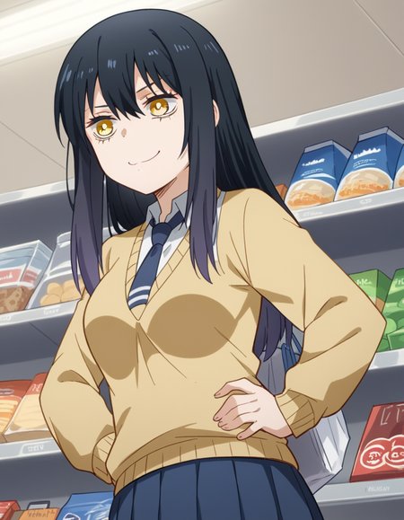 score_9, score_8_up, score_7_up, source_anime, <lora:miko-yotsuya-s1-ponyxl-lora-nochekaiser:1>, miko yotsuya, long hair, bangs, black hair, hair between eyes, yellow eyes, medium breasts,, skirt, shirt, school uniform, pleated skirt, necktie, miniskirt, sweater, blue skirt, blue necktie,, grocery store, cashier, shopping bag, scanning items, small talk, everyday routine, smile, , smug, hands on hips,, solo,, dutch angle, cowboy shot