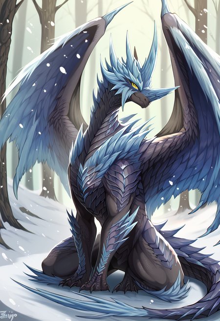 <lora:MH_Velkhana_a1_4_PonyXL>,<lora:PDXL_artist_tags_v2:0.8>,score_9,score_8_up,score_7_up,source_furry,velkhana,feral,by zackary911,by syuro,by dagasi,by hanuvo,solo,hi res,detailed background,forest,
looking at viewer,extreme detail,dynamic lighting,cinematic lighting,hands on ground,detailed eyes,tail,yellow eyes,wings,nose horn,snowing,