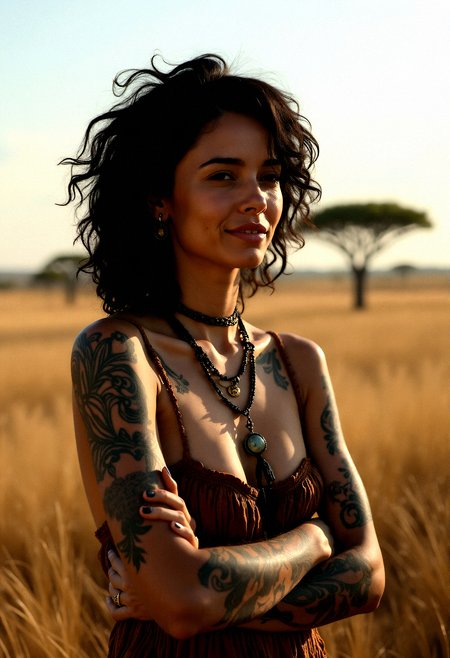 Photorealistic photography of a tattooed beauty, a 40 years old woman with black hair, adorned with bohemian accessories, in a softly lit environment.Arms crossed over the chest, with a soft smile.African Savanna with tall grasses, acacia trees, and a wide-open sky.












