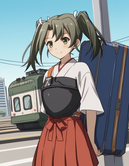 score_9, score_8_up, score_7_up, source_anime, <lora:kacolle-zuikaku-s1-ponyxl-lora-nochekaiser:1>, zuikaku, long hair, ribbon, twintails, green eyes, hair ribbon, zuikaku (kancolle), skirt, japanese clothes, muneate, red skirt, pleated skirt,, train station, waiting for train, suitcase, traveling, commute, city skyline, hands behind back,, smile, , hands on stomach, blush,, solo,, cowboy shot, dutch angle