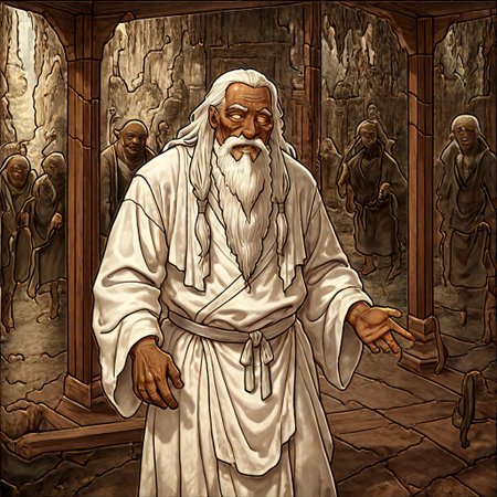masterpiece, best quality, newest, absurdres, highres, H3GM/P-V1.1, 
1boy, dark skin, dark skinned male, white hair, long beard, long hair, monk, white robe, white eyes, blind eyes, wrinkles, wrinkled face, wrinkled, wrikly, old, mature, old man