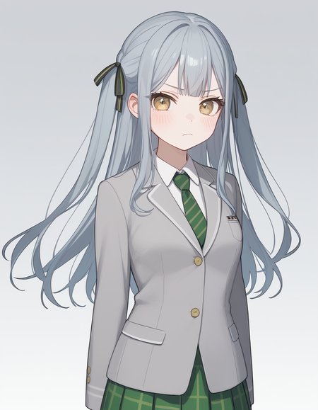 togawa sakiko, 1girl, solo, looking at viewer, gradient background, <lora:togawa_sakiko_ponyXL_V1.1:1>, medium breasts, frown, arms at sides, cowboy shot, long hair, two side up, school uniform, green striped necktie, blush, buttons, white shirt, long sleeves, collared shirt, grey jacket, blazer, green plaid pleated skirt,, score_9, score_8_up, score_7_up