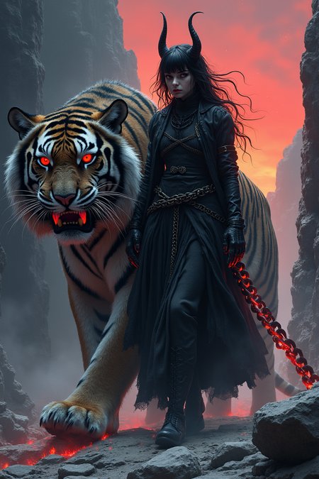 Full-length portrait of a sinister demon girl with obsidian horns, glowing crimson eyes, and clawed hands, striding confidently with a colossal sabre-tooth tiger bound by a molten chain leash. Style: Fusion of Zdzisław Beksiński’s surreal dystopian atmosphere (organic, biomechanical textures), Frank Frazetta’s primal dynamism (muscular anatomy, dramatic lighting), and Ayami Kojima’s gothic elegance (flowing robes, intricate patterns). Medium: Ethereal digital painting with ink-like precision and smoky, smoldering textures. Color palette: Deep blood-red, charcoal black, and ash-gray tones, with neon violet accents on the tiger’s spectral stripes and the demon’s smoldering chain. Composition: Diagonal layout emphasizing movement; the tiger’s snarling muzzle contrasts with the girl’s calm, predatory smirk. Background: Jagged obsidian cliffs under a bruised twilight sky, lit by a dying star. Rules: Hyper-detailed textures on the tiger’s fur and the demon’s scales, zero warm colors except crimson glows, chiaroscuro lighting to enhance menace, and a blurred motion effect on the chain to imply supernatural control. Forbid cuteness or cartoonish styles; prioritize haunting, mythic grandeur.