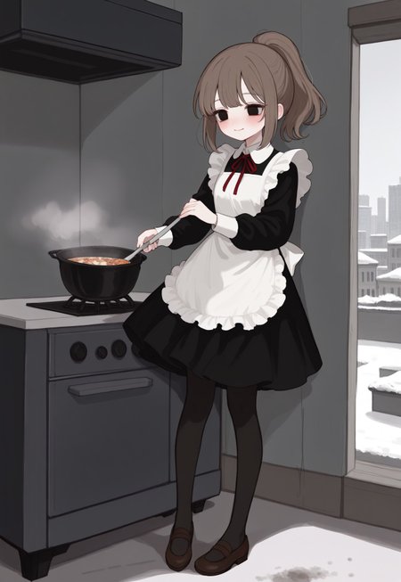 solo, detailed, ethereal, intricate details, vibrant colors, soft lines, soft brush strokes, dreamy, 


[murky, snow, city, panel buildings], 

inside, dirty room, grey walls, kitchen, soup


soft smile, blush, cooking, 

1girl, black solid eyes, brown hair, ponytail, long black dress, long black sleeves, white collar, red neck_ribbon, white frills, white apron, [black pantyhose, brown shoes,],

masterpiece, best quality, very aesthetic, absurdres, newest, 

(masterpiece), best quality,  

masterpiece,best quality,amazing quality, detailed, 
