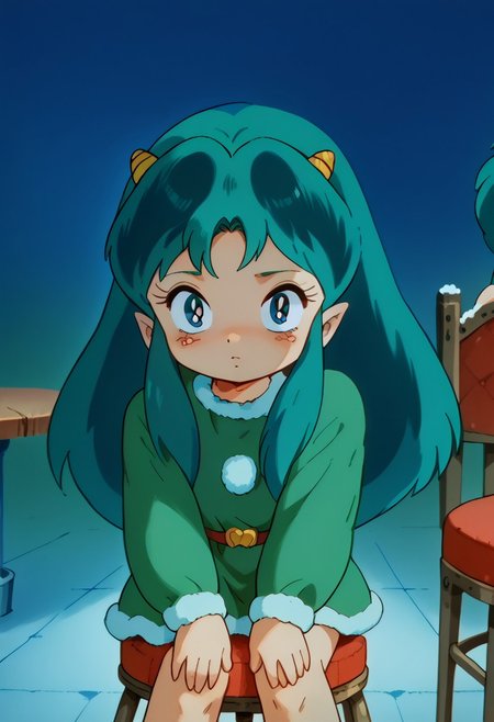 score_10, score_9, score_8_up, retro, source anime, flat color, (ultra-detailed), (masterpiece), (best quality), dark theme, low light, 1980's style, score_anime, sharp lines. lum, child, solo, Beautiful, cute girl, yellow (tiny horns), (tiny pointy ears:0.7), green hair, blue eyes, aqua hair, <lora:Commission-Urusei_Yatsura_80s-Lum-PDXL:0.8> , green elf of Santa dress, anime screencap, 1girl, solo, Expressiveh, perfect hands, 3m0t3, dynamic pose, standing on stool, looking at viewer, shy, perfect hands, perfection Foot, bbka_style