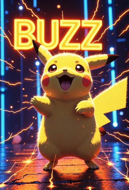 anime, cyberpunk,A cute digital artwork of Pikachu playfully jumping in the air, surrounded by tiny glowing sparks of electric energy. The word "BUZZ" is faintly visible in the background, illuminated in bright orange and blue neon. The 3D rendering enhances Pikachu’s soft fur and expressive eyes.