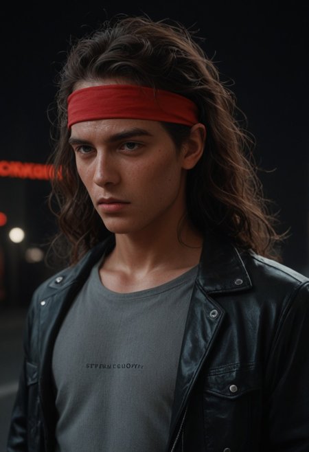 score_9, score_8_up, score_7_up, amazing quality, ((single character)), 80s cyberpunk, 80s movie with film grain, character portrait, industrial city with neon advertisements,
BREAK, a korean american man tightening his red headband, wearing a black leather jacket and a grey shirt with crimson kanji symbols, wearing black aviators, wavy combed hair, slightly sweaty porous skin,