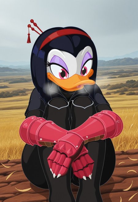 ducktits,  outdoors, undershirt, falling feathers, black bodysuit, hair stick, hugging own legs, , gauntlets,   eyeshadow,   red gloves, black capelet, red hairband, pink eyes, medium hair, black hair, 1girl, solo,  dynamic angle, foreshortening, furry, furry female, anthro, paws, claws, pawpads, steam, smell, visible, breath