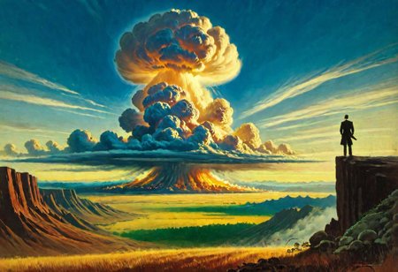 a man standing, looking at a distant mushroom cloud explosion on the horizon, pulp cover art
