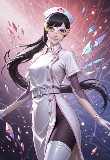 1girl, solo, m4r1an, black hair, long hair, ponytail, nurse cap, white uniform, belt, gloves, side slit, black pantyhose, thigh boots, mask, windblown clothes, floating hair, Expressiveh, looking at viewer, head slightly tilted, friendly expression, cute smile, cheek dimples, detailed face, detailed clothes, detailed body, standing, fashion pose,
cowboy shot, subject focus, dynamic angle, abstract background, detailed background, floating fragments, surreal,
front particles, light particles, motion, limited palette, monochromatic colors, color accents, 
masterpiece, 16k, 8k, 4k, high quality, best quality, absurdres, bokeh, depth of field, quantum entanglement,