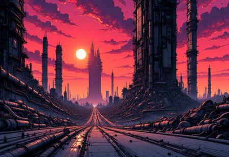 nistyle, monochrome Manga Sketch, Landscape Image, bizarre otherworldly technological advanced galactic civilization, giant towering Industrial structures darkens the sun, Long shadows, hyperdetailed manga sketch style, with bleached vibrant colorful neon color Highlights, grey, and white color grading.