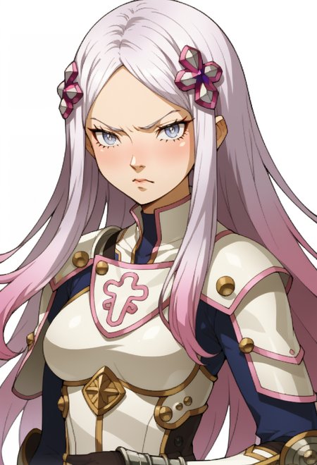 score_9, score_7_up, source_anime, BREAK <lora:zs_SMTIVPortraitsXL_2:1> smtivportraits, portrait, white background,, serious, 1girl, white eyes, white hair, very long hair, parted hair, parted bangs, gradient hair, lilac hair, medium breasts, wing hair ornament, valkyrie, black bodysuit, armor, gauntlets, greaves, pink breastplate, grey armored skirt, armored dress, pink hues,