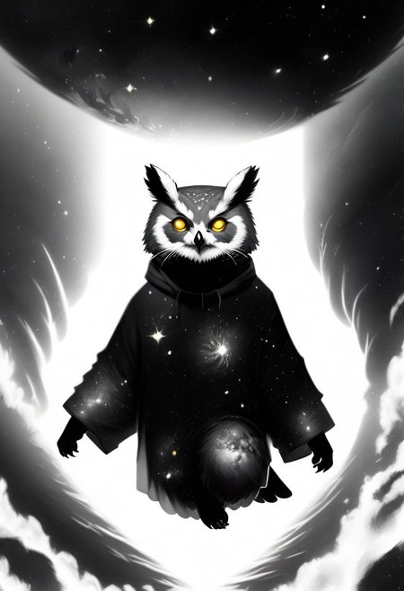 Score_9, Score_8_up, Score_7_up, lora:Navi_Celestial_Skin_PonyXL:1.1 nv-celestialskin, redpandafolk, rabbitfolk, owlfolk, foxfolk, sketch, monochrome, greyscale, YR_GradLight, 0u73r5p4c3, space, planet, nebula, galaxy, asteroid, GalaxyTelepurteSDXL, StarrySkies, scenery, stars (sky), background, night sky, vibrant colored skin, void cosmic body, deep black skin, ethereal silhouette, nebula patterns, animal theme focus, majestic owl