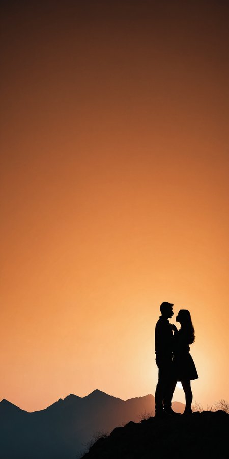 <lora:HMSGåªå½±XL-000001:0.8>,Couple standing, silhouette, mountain top, soft sunset light, romantic, surrealism style, high contrast, high definition photography, black and orange colors